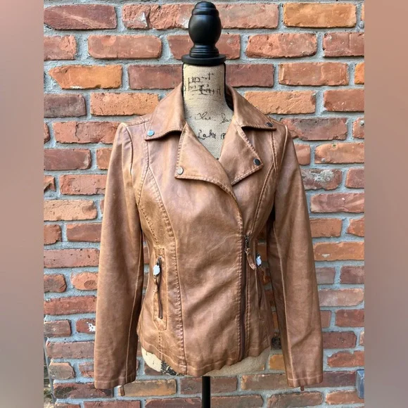 Max Studio Vegan Leather Moto Boho Vibes Tan Jacket NWTs Size M